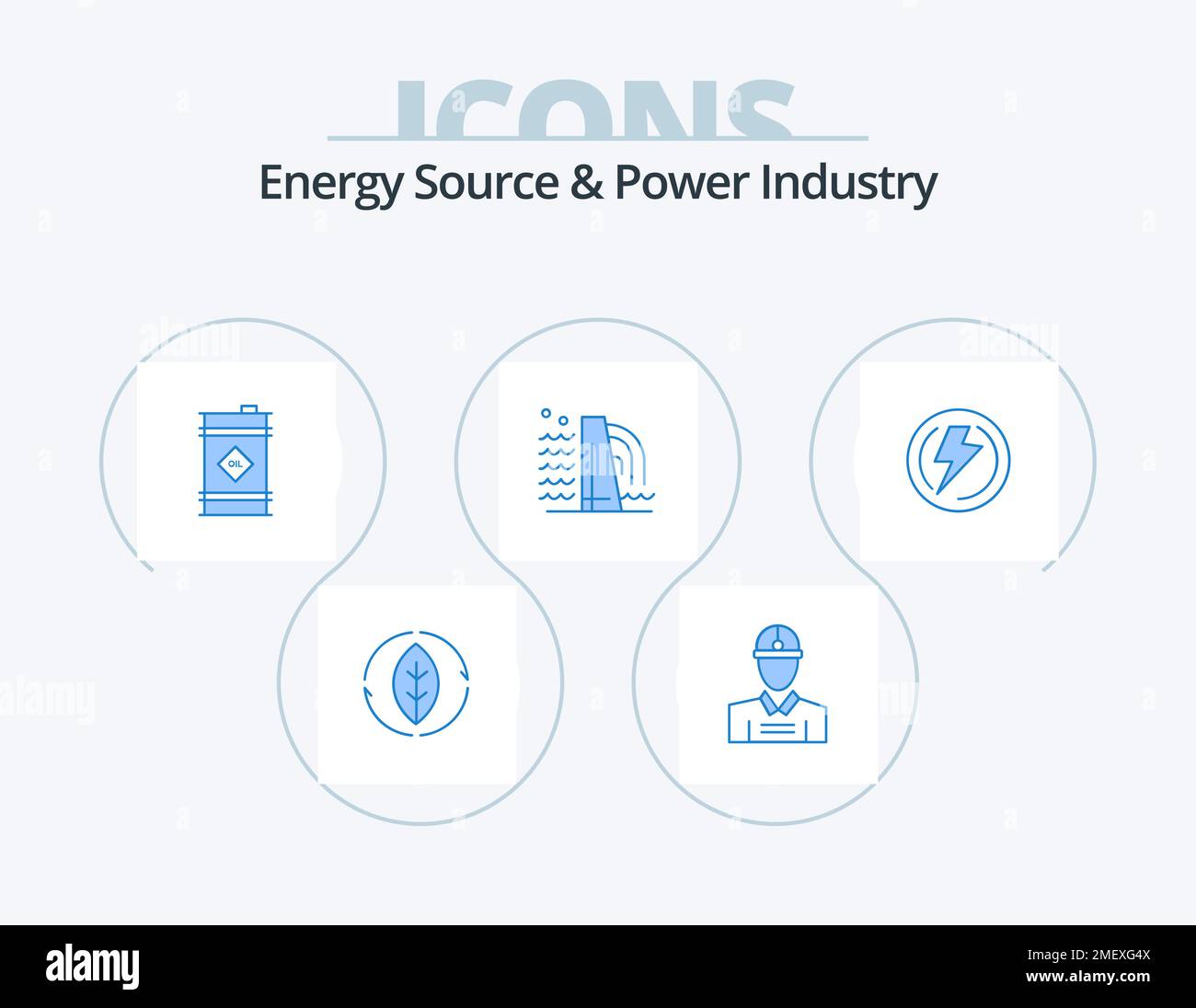 Fonte di energia e industria energetica Blue Icon Pack 5 Icon Design. luce. industria. barile. fabbrica. edificio Illustrazione Vettoriale