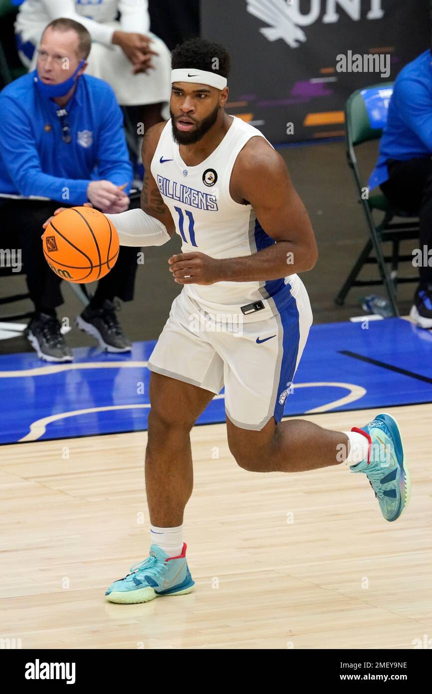 Saint Louis forward Hasahn French handles the ball during an NCAA college basketball game against Mississippi State in the first round of the NIT Tournament, Saturday, March 20, 2021 in Frisco, Texas. (AP Photo/Tony Gutierrez) Foto Stock