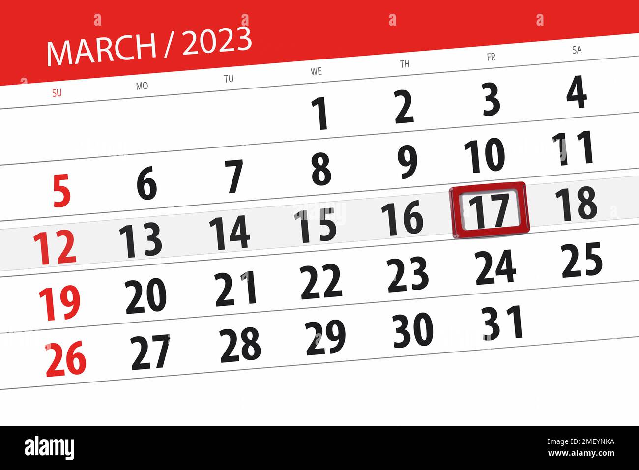 Calendario 2023, scadenza, giorno, mese, pagina, organizzatore, data, marzo, venerdì, numero 17. Foto Stock