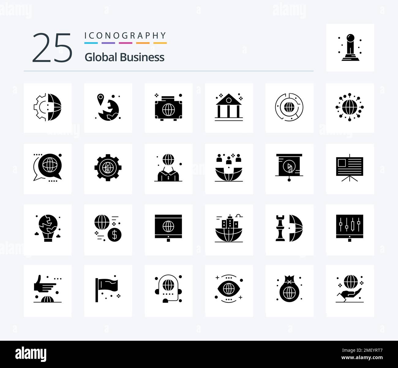 Global Business 25 Solid Glyph Icon Pack, finanza inclusa. banca. marcatore. bagagli. globale Illustrazione Vettoriale