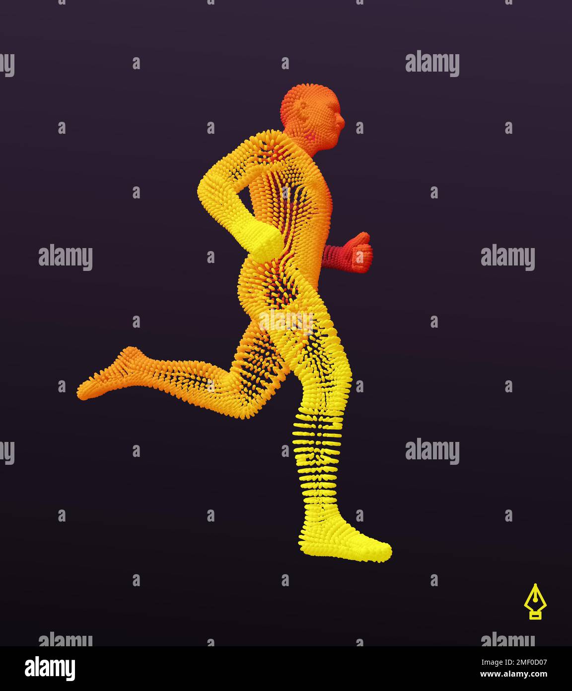 Running man o maratona runner. Modello del corpo umano 3D. Design per lo sport. Illustrazione vettoriale composta da particelle. Illustrazione Vettoriale