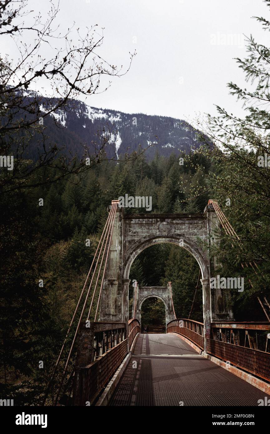 Uno scatto verticale di Alexandra Bridge circondato da alberi nella Columbia Britannica, Canada Foto Stock