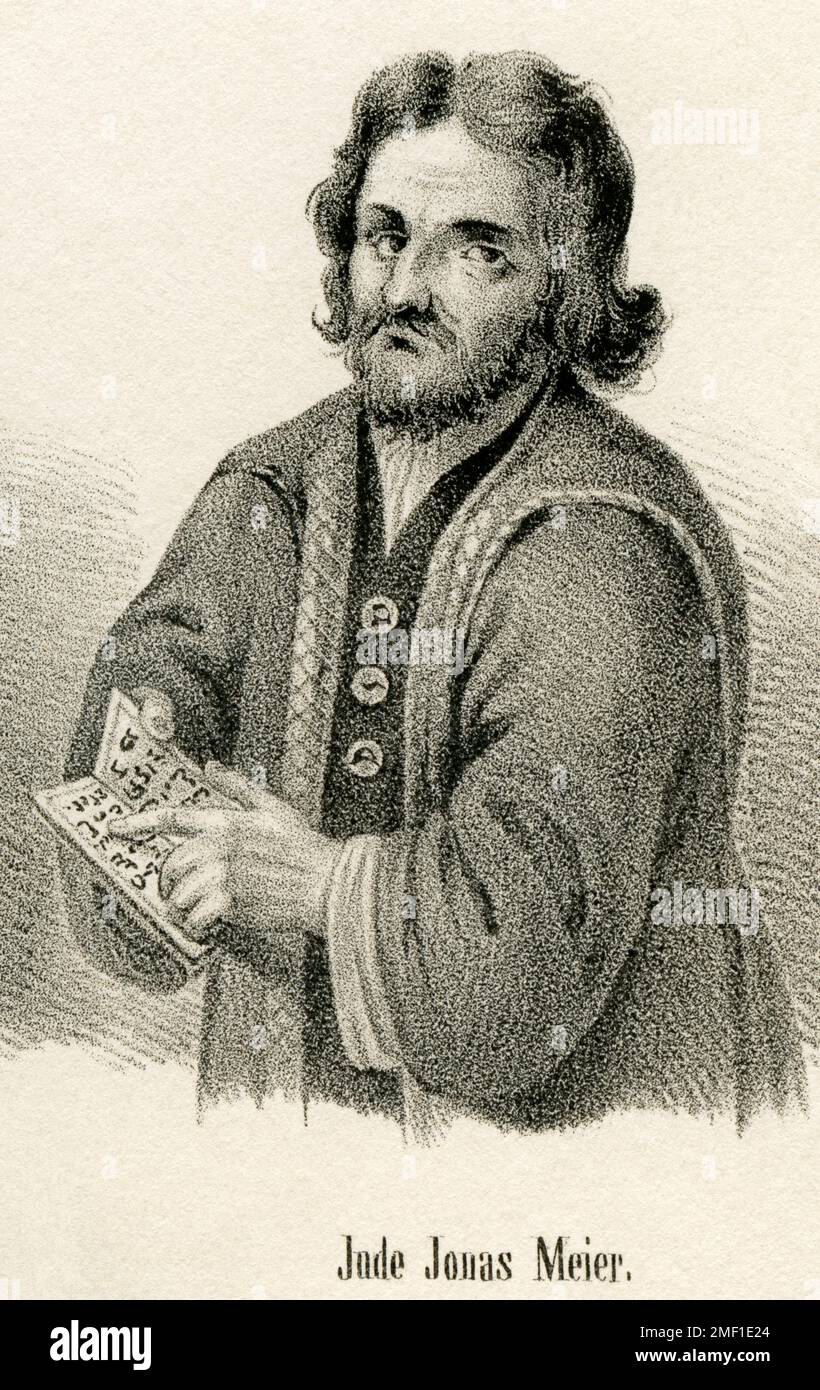 Europa, Deutschland, Jonas Meier , Mitglied der Räuberbande von Nickel List , mit einem Buch in hebräischer Schrift , Lithographie um 1850 , aus einem Buch , Zeitschrift des 19. Jahrhunderts, Rechte werden nicht vertreten . / Europa, Germania, Jonas Meier, membro di una banda di ladri di Nickel List , con un libro in ebraico, litografia da circa 1850 , da un libro , giornale del 19th ° secolo, non ci sono diritti . Foto Stock