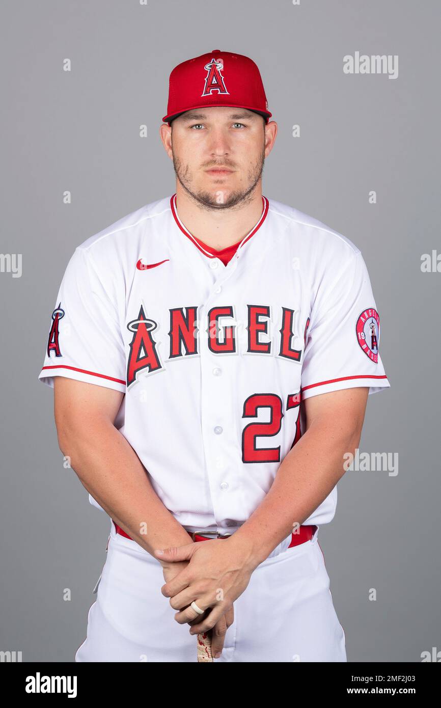 This is a 2021 photo of Mike Trout of the Los Angeles Angels baseball team. This image reflects the Los Angeles Angels active roster as of Friday, Feb. 26, 2021 when this image was taken. (Jennifer Stewart/MLB Photos via AP) Foto Stock