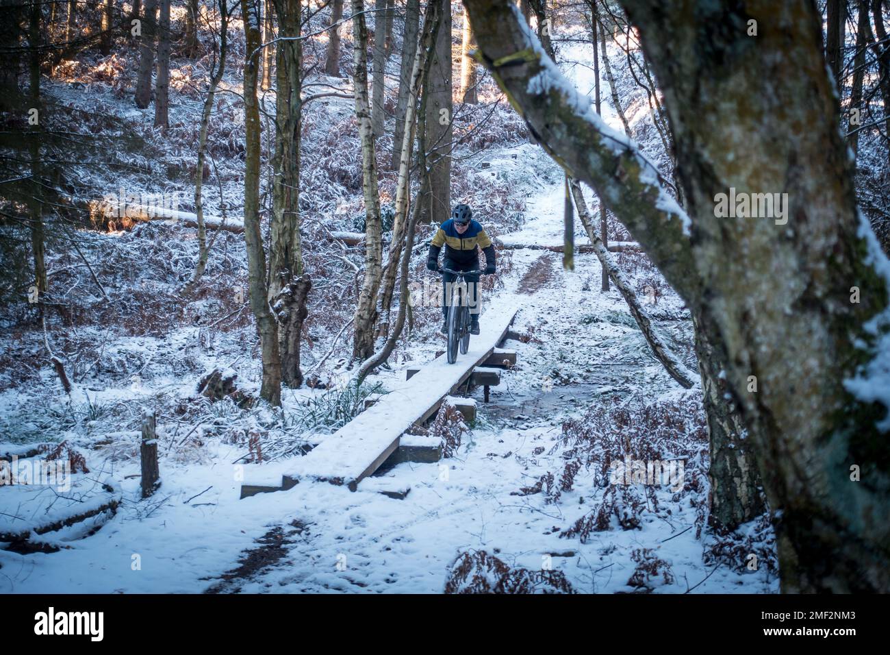 Mountain Bike nella neve, Inghilterra, Regno Unito Foto Stock