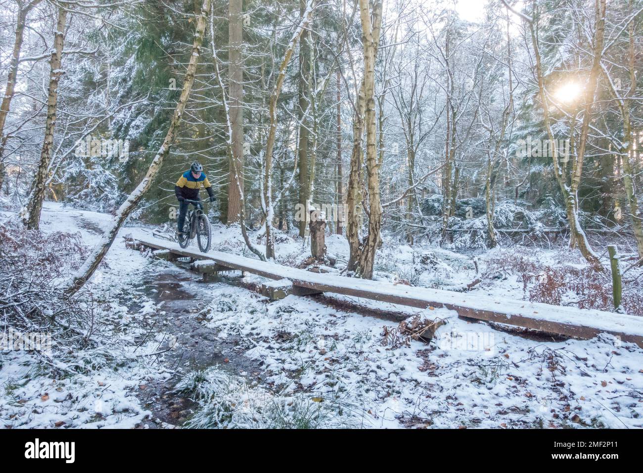 Mountain Bike nella neve, Inghilterra, Regno Unito Foto Stock