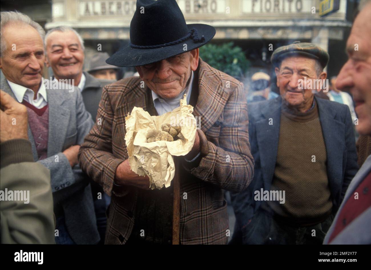 Tartufi bianchi (tuber magantum) in un mercato clandestino in Piemonte Italia Foto Stock