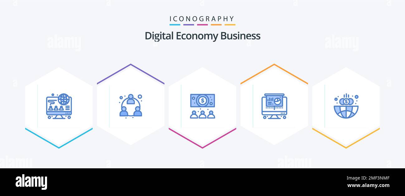 Digital Economy Business 25 pacchetto icone blu incluso . globale. dollaro. finanza. torta Illustrazione Vettoriale
