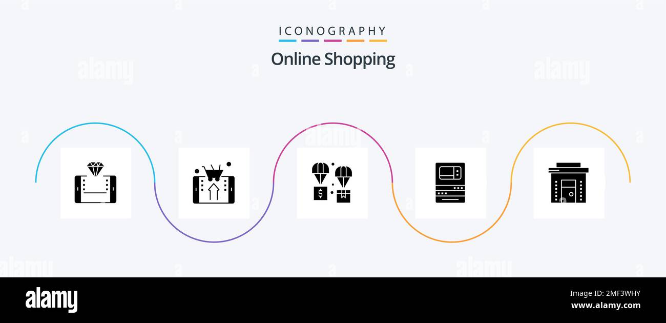 Shopping online Glyph 5 pacchetto icone con e-commerce. business. logistica. ritirate. macchina Illustrazione Vettoriale