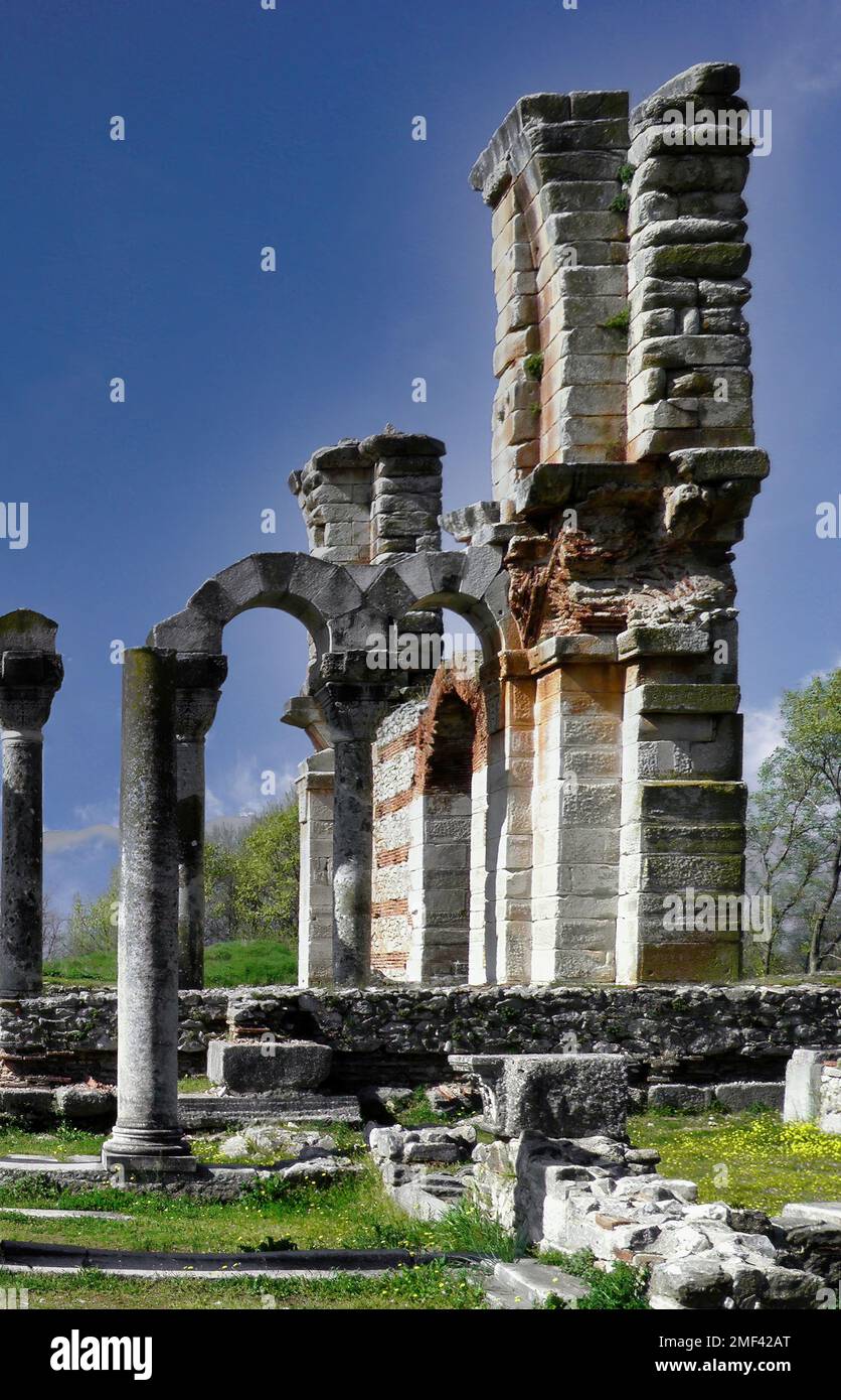 Rovine della Basilica nell'area archeologica della antica Filippi, Macedonia orientale e Tracia, Grecia Foto Stock