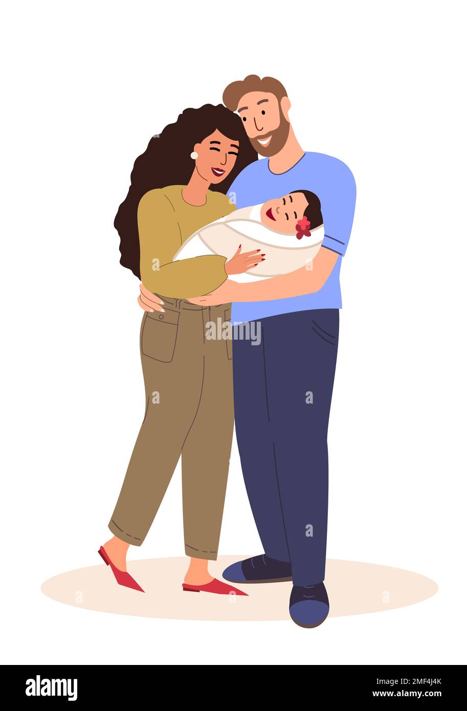 Madre e padre che tiene neonato baby.Woman, l'uomo con bambino swaddled in Arms.Sleeping bambino in mani di genitori.Happy maternità, decreto, parenting.FLA Foto Stock