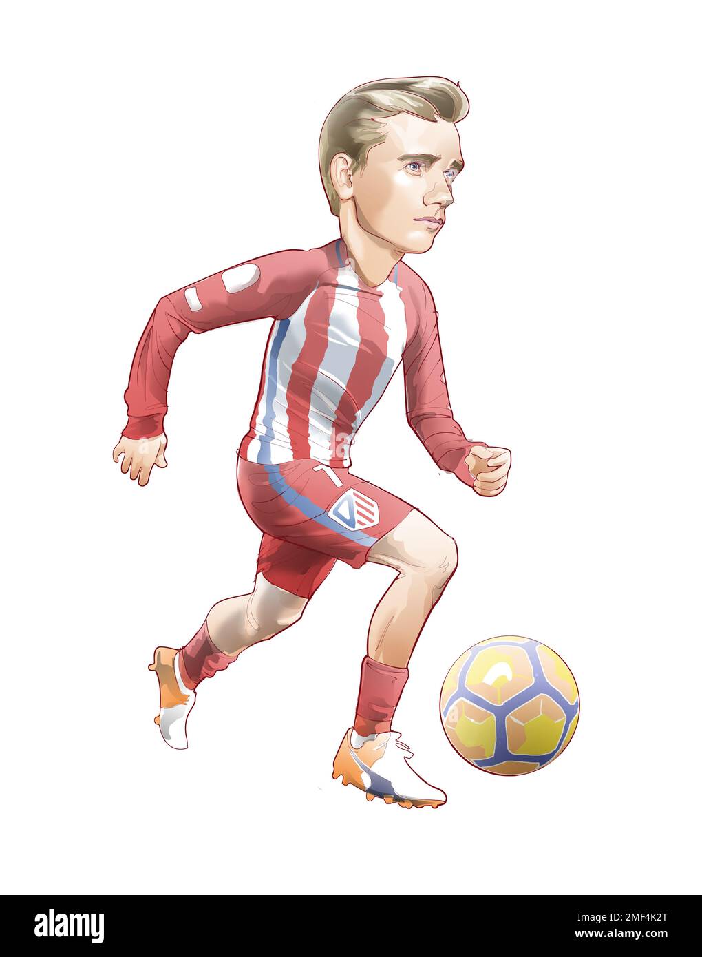 Illustrazione digitale del giocatore di calcio Antoine Griezmann. Cartone animato. Con la maglia del club in cui gioca il campionato spagnolo. Foto Stock