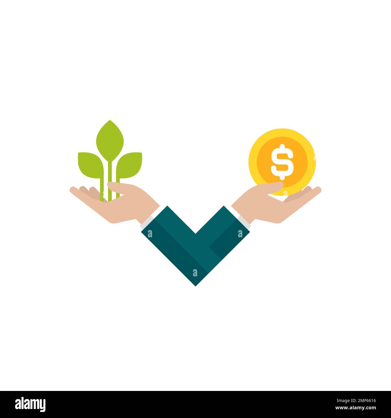 La mano dell'uomo d'affari tiene la moneta del dollaro e le foglie. Legge ecologia e equilibrio dei costi. Responsabilità aziendale e dei clienti. Concetto di riutilizzo e riciclaggio delle merci. Illustrazione Vettoriale