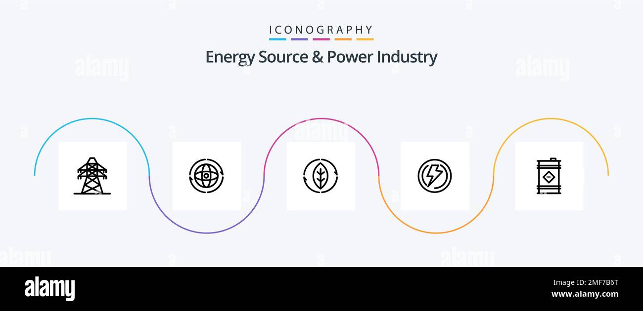 Fonte di energia e Power Industry Line 5 Icon Pack, alimentazione inclusa. tensione. connetti. luce. potenza Illustrazione Vettoriale