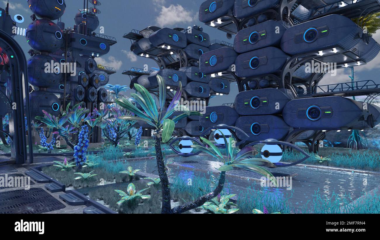 3D-illustrazione di una città aliena in qualche parte dell'universo Foto Stock