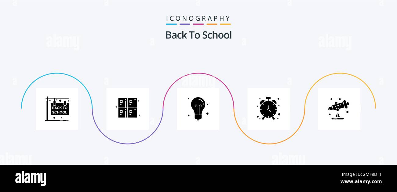 Pacchetto icone Back to School Glyph 5 con astronomia inclusa. cronometro. ritorno a scuola. orologio. luce Illustrazione Vettoriale