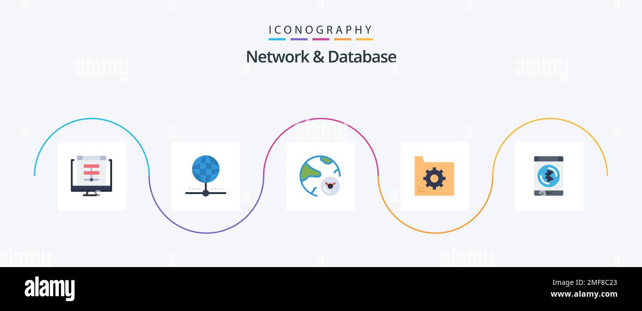 Pacchetto icone Network and Database Flat 5 con database. connetti. globale. ricerca. informazioni Illustrazione Vettoriale