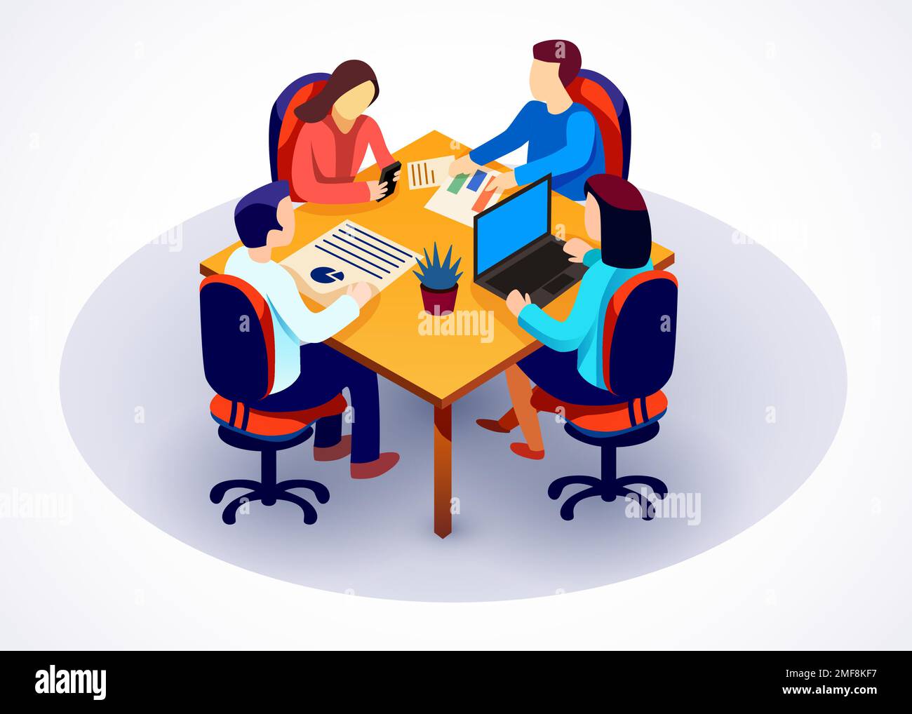 Modello di banner per il sito Web del lavoro di squadra. Team aziendale che lavora con i dati. Gruppo di colleghi dell'ufficio che discutono i dati intorno al tavolo. Illustrazione del vettore isometrico Illustrazione Vettoriale