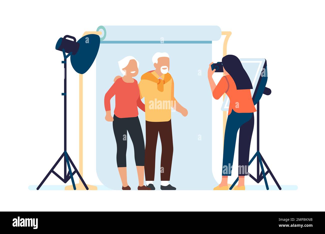 Il fotografo scatta foto di persone anziane. Famiglia anziana in posa per il ritratto. Studio fotografico con illuminazione professionale. Cameraman fare istantanee Illustrazione Vettoriale