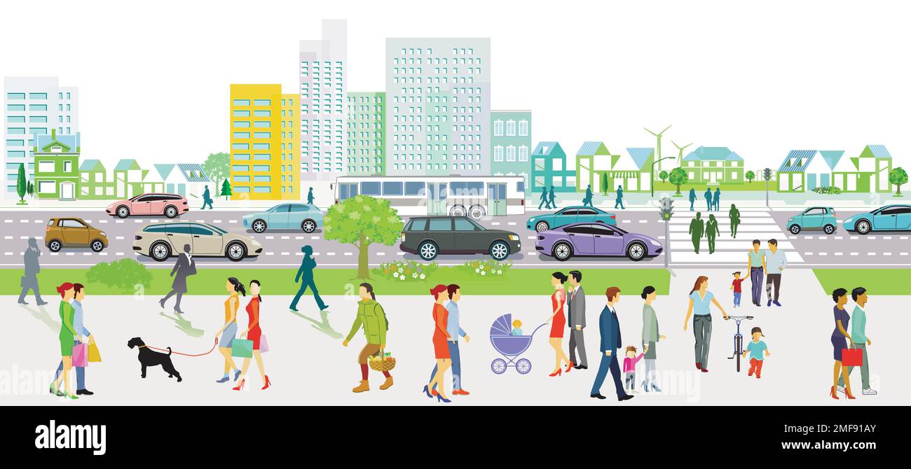 Città con strade e persone con traffico stradale di fronte agli edifici, illustrazione Illustrazione Vettoriale
