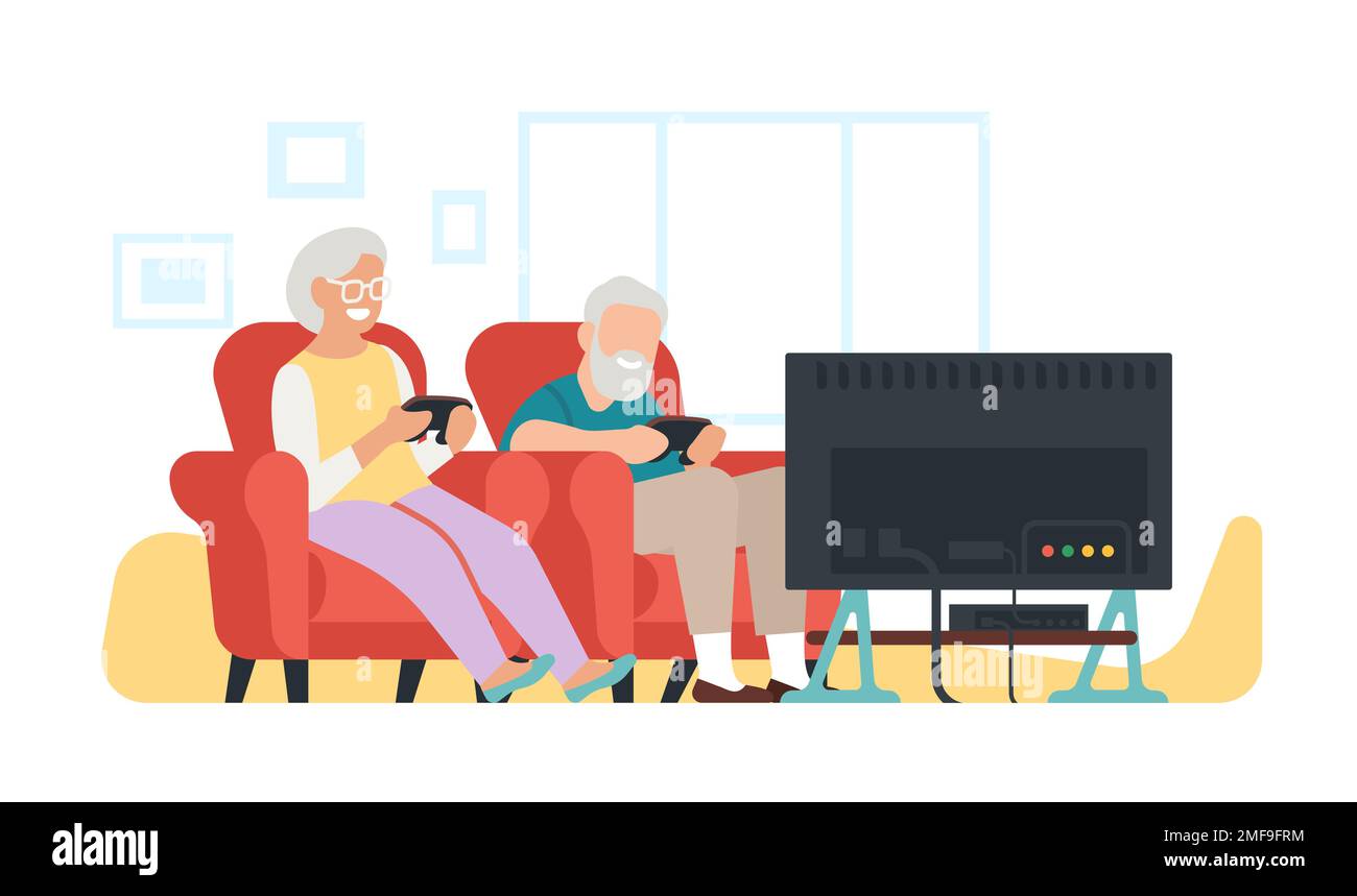 Famiglia anziana che gioca a videogiochi sulla console TV. Nonna e nonno si rilassano insieme a casa. Persone mature sedute sul divano. Nonni con video Illustrazione Vettoriale