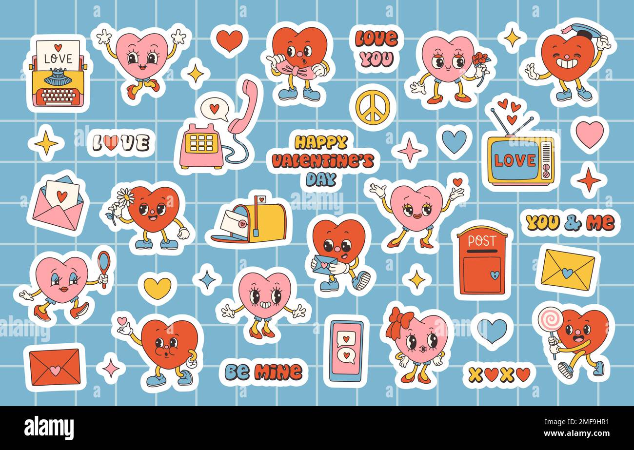 Set adesivi retro Groovy San Valentino con slogan sull'amore. Cuori grovosi. Stile cartoon 70s alla moda. Illustrazione Vettoriale