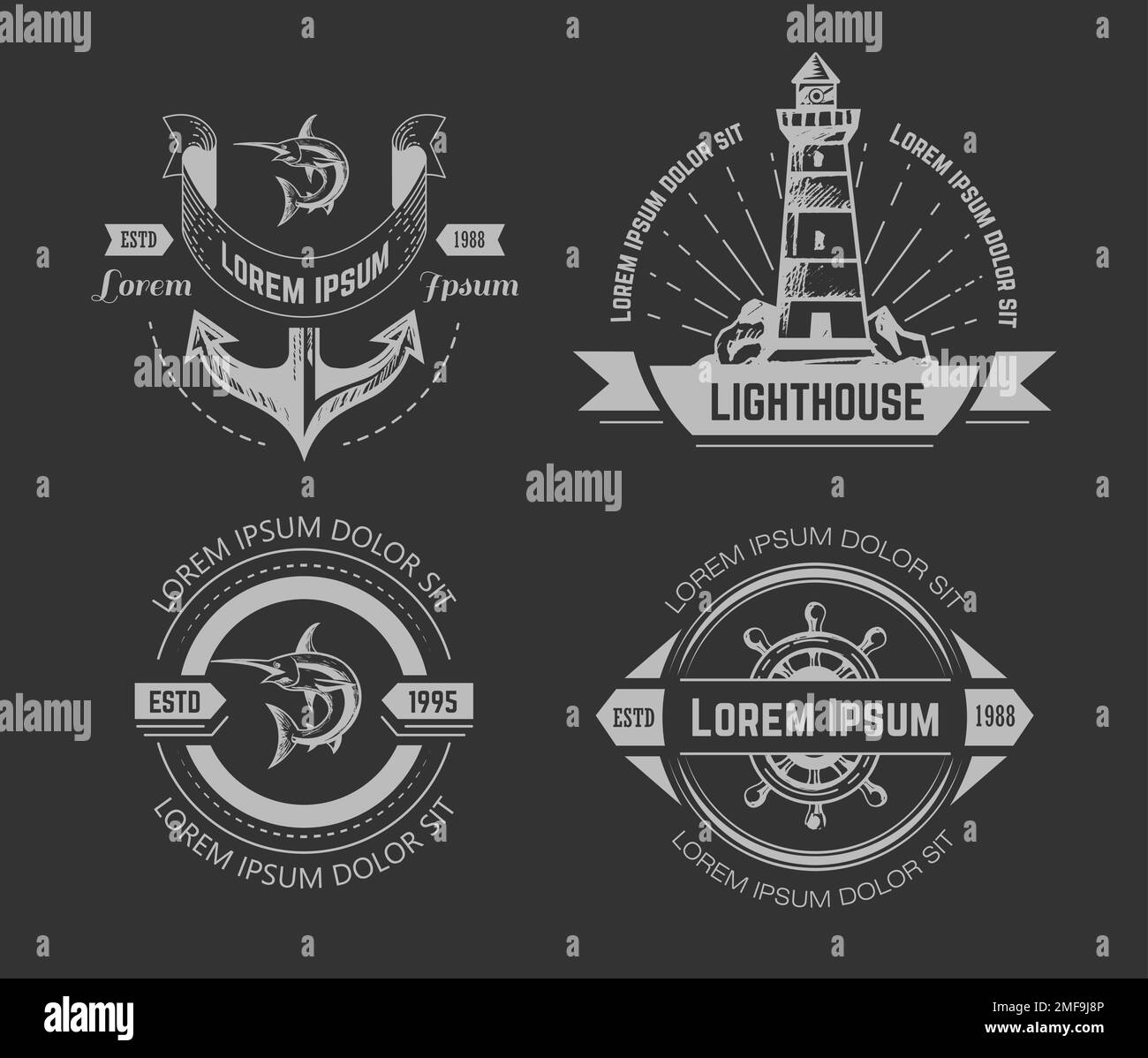 Simboli nautici o marini icone isolate di schizzo in gesso Illustrazione Vettoriale