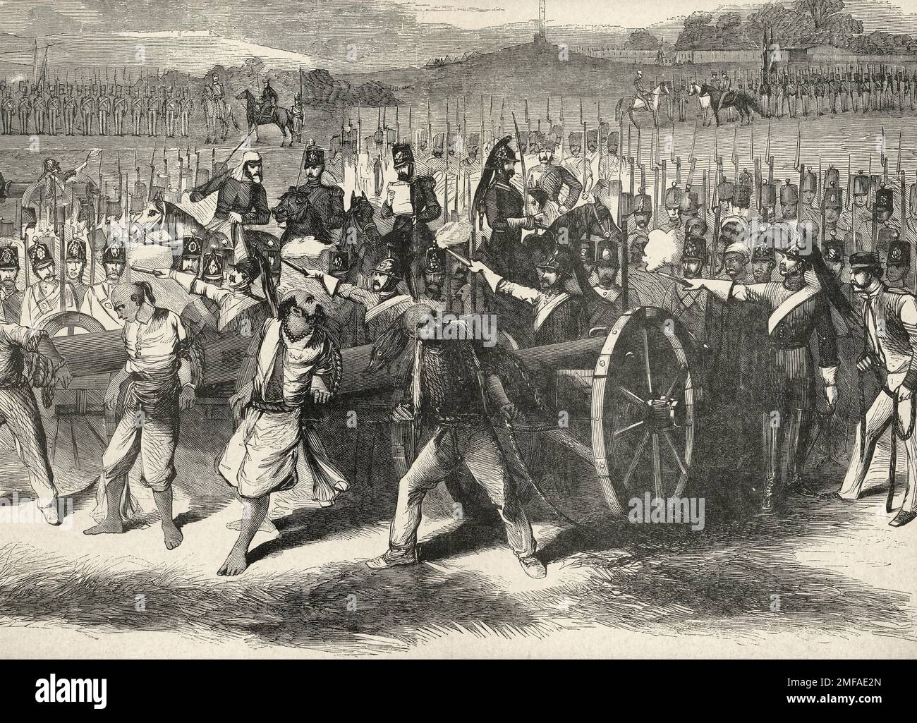 British 'Civilization' - come gli inglesi trattano i prigionieri di guerra - soffiando Sepoys dalle armi in India, 1857 Foto Stock