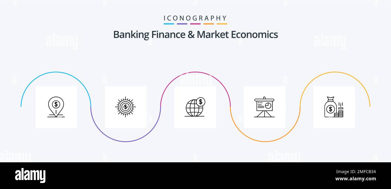 Finanza bancaria ed economia di mercato Line 5 Icon Pack internazionale. business. contanti. globale. modi Illustrazione Vettoriale
