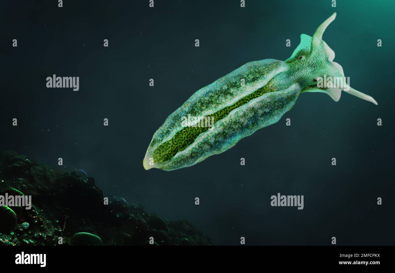 Elysia chlorotica, un'affascinante lumaca marina simile a una foglia verde, mostra la sua capacità unica di fotosintetizzare come una pianta, mescolando animali e p Foto Stock