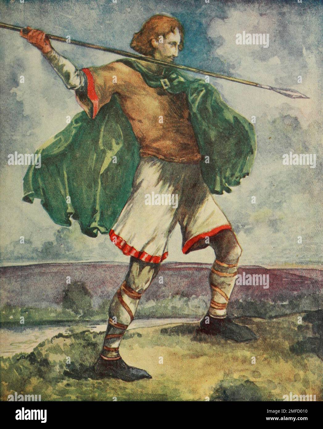 Un uomo del tempo di Guglielmo II (1087 — 1100) mostra i cassetti larghi con un orlo ricamato. Sotto di loro si possono vedere i lunghi cassetti di lana legati con lacci di cuoio dal libro ' costume inglese ' di Dion Clayton Calthrop, 1878-1937 Data di pubblicazione 1907 Editore London, A. & C. Black Foto Stock