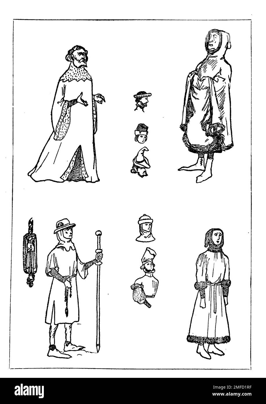 Disegno di linea dei costumi maschili nel 15th ° secolo dal libro ' costume inglese ' di Dion Clayton Calthrop, 1878-1937 Data di pubblicazione 1907 Editore London, A. & C. Black Foto Stock