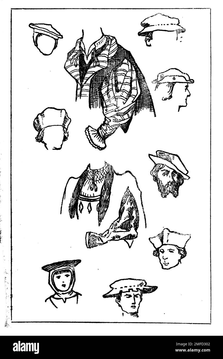 Disegno lineare di cappelli e headdress dal tempo di Enrico VIII Dal libro ' English Costume ' di Dion Clayton Calthrop, 1878-1937 Data di pubblicazione 1907 Editore London, A. & C. Black Foto Stock