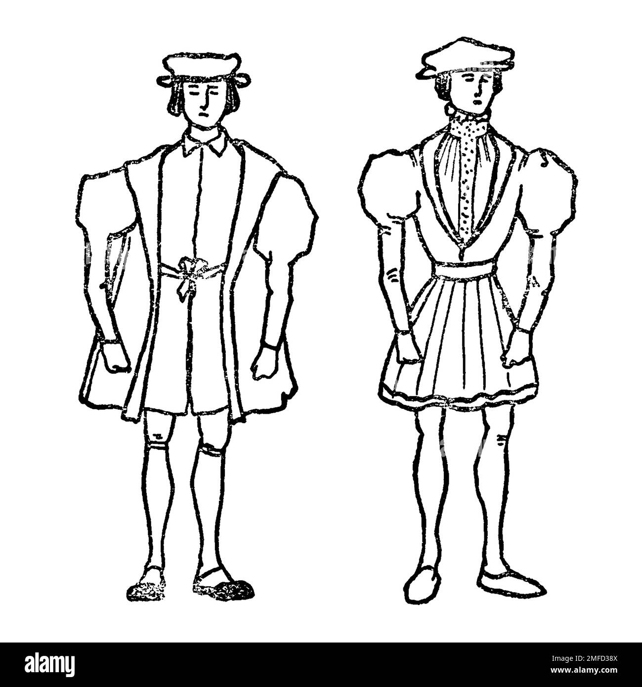 Disegno di linea del costume maschile durante il regno di Enrico VIII dal libro ' costume inglese ' di Dion Clayton Calthrop, 1878-1937 Data di pubblicazione 1907 Editore London, A. & C. Black Foto Stock