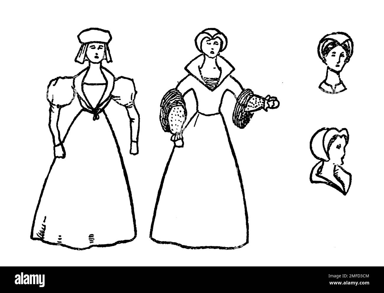 Disegno di linea del vestito della donna durante il regno di Edoardo VI dal libro ' costume inglese ' di Dion Clayton Calthrop, 1878-1937 Data di pubblicazione 1907 Editore London, A. & C. Black Foto Stock