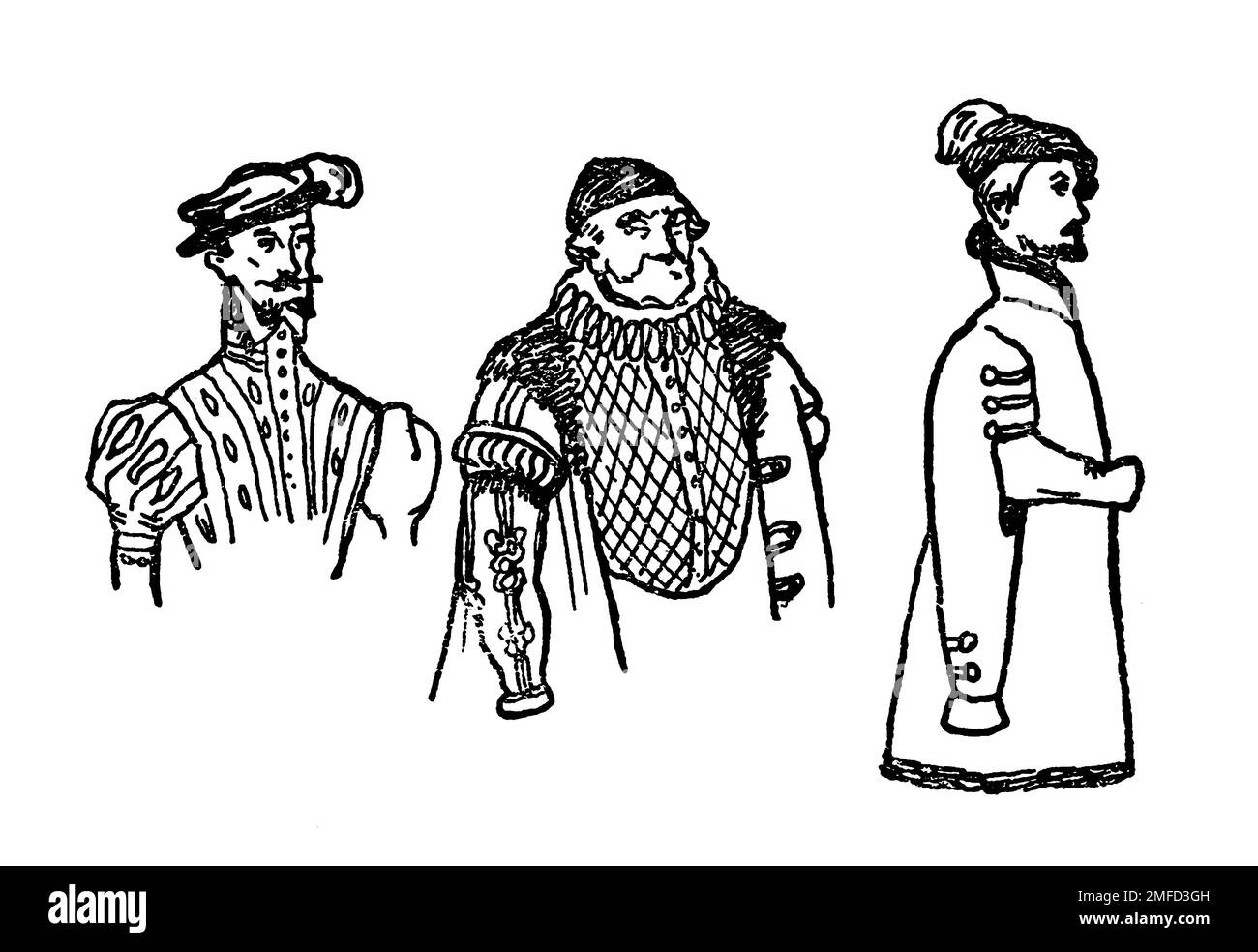 Disegno di linea del costume maschile durante il regno della regina Maria dal libro ' costume inglese ' di Dion Clayton Calthrop, 1878-1937 Data di pubblicazione 1907 Editore London, A. & C. Black Foto Stock