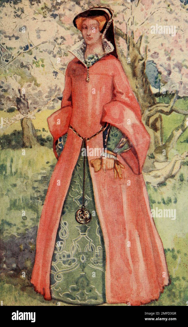 Donna del tempo della Regina Maria (1553-1558) l'abitudine di indossare i fiori all'apertura del vestito era frequente in questo momento, è stata, infatti, iniziata su questo regno. Si può facilmente vedere in questo abito ihe Ground-work della moda elisabettiana, il primo dei quali è stata un'esagerazione di questo costume. Dal libro ' English Costume ' di Dion Clayton Calthrop, 1878-1937 Data di pubblicazione 1907 Editore London, A. & C. Black Foto Stock