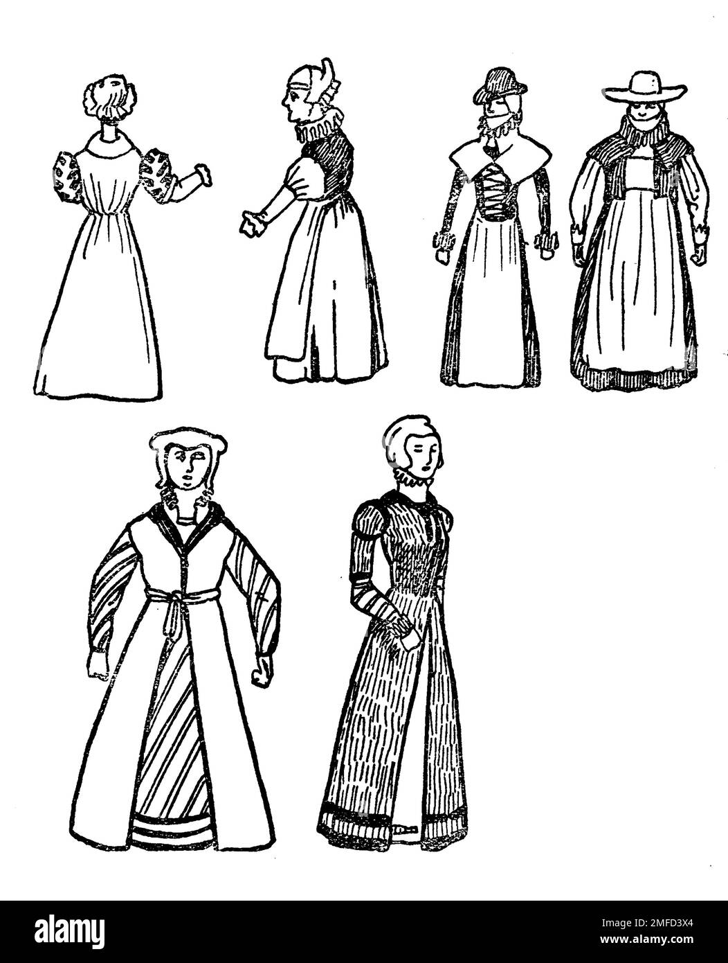 Disegno di linea dei costumi femminili durante il regno della regina Elisabetta dal libro ' costume inglese ' di Dion Clayton Caltrop, 1878-1937 Data di pubblicazione 1907 Editore London, A. & C. Black Foto Stock