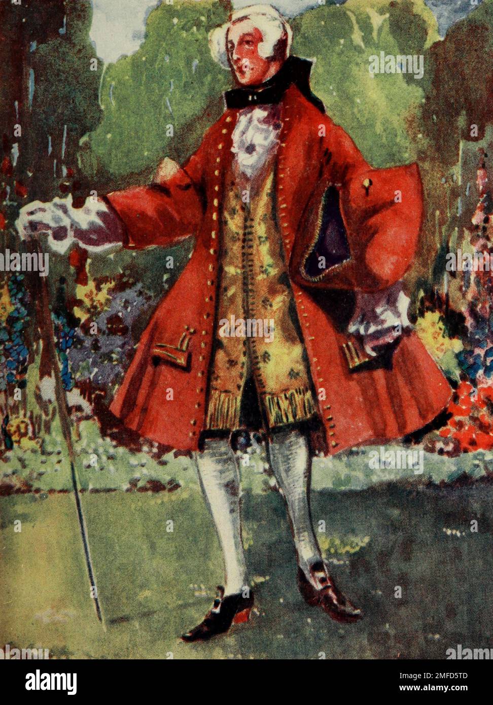 Un uomo del tempo di Giorgio II (1727 - 1760) si noti i polsini pesanti, e le gonne molto piene del cappotto. Porta sotto il suo braccio un cappello da portatore, poiché non lo farà sforare la sua parrucca. Indossa una cravatta nera di satin alla sua parrucca, le cui estremità vengono intorno al collo, sono fatte in un arco, e covate con un solitario dal libro ' costume inglese ' di Dion Clayton Calthrop, 1878-1937 Data di pubblicazione 1907 Editore London, A. & C. Black Foto Stock