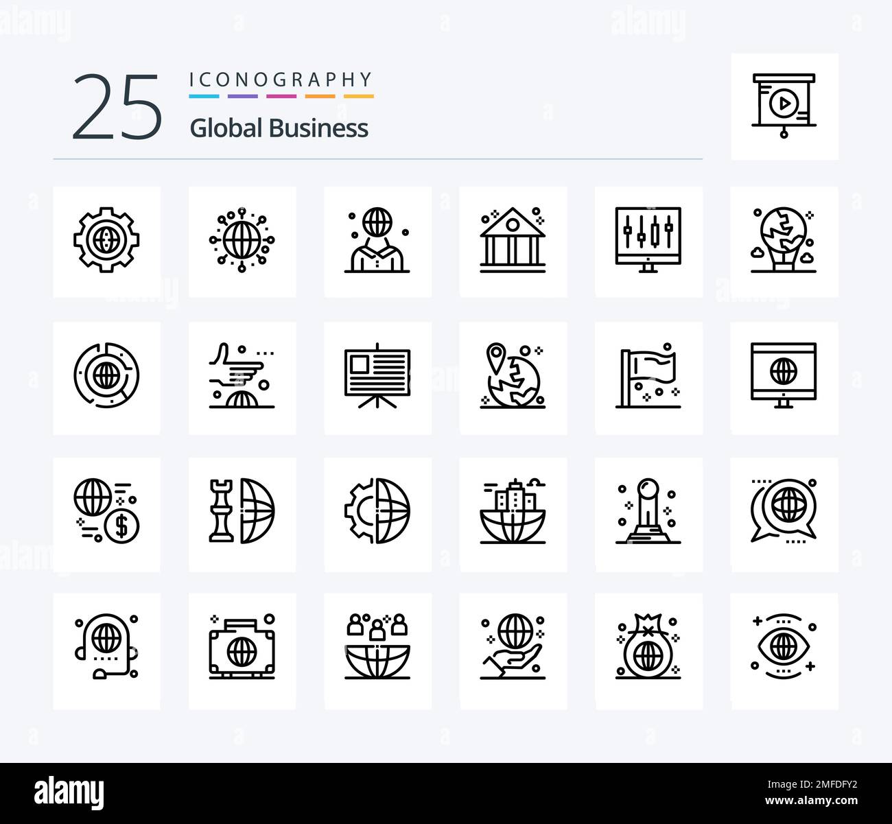 Pacchetto icone Global Business 25 Line con grafico. finanza. globale. business. persona Illustrazione Vettoriale