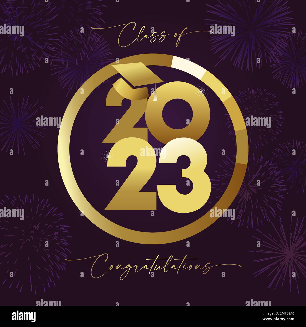 Premio d'oro o disegno icona per classe di laurea di 2023. Concetto di banner. Invito PROM, elementi per biglietti d'auguri. Testo isolato in stile scritto a mano Illustrazione Vettoriale