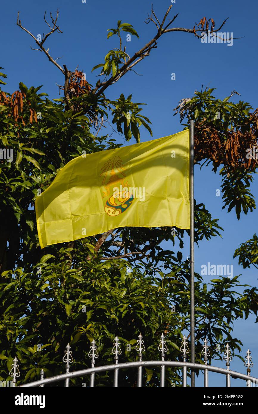 Bandiera reale di re Vajiralongkorn su un palo in Thailandia con foglie verdi e sfondo cielo Foto Stock