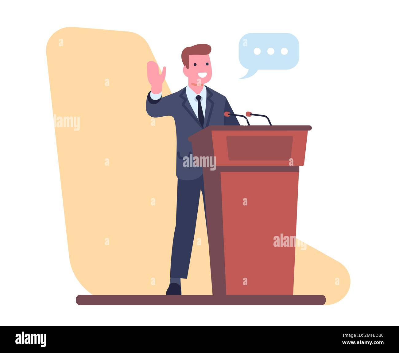 Il fiducioso altoparlante maschio offre al pubblico un discorso dietro il podio. Leader politico. Uomo in piedi alla tribuna. Elezione del presidente o del governo. Candidati Illustrazione Vettoriale