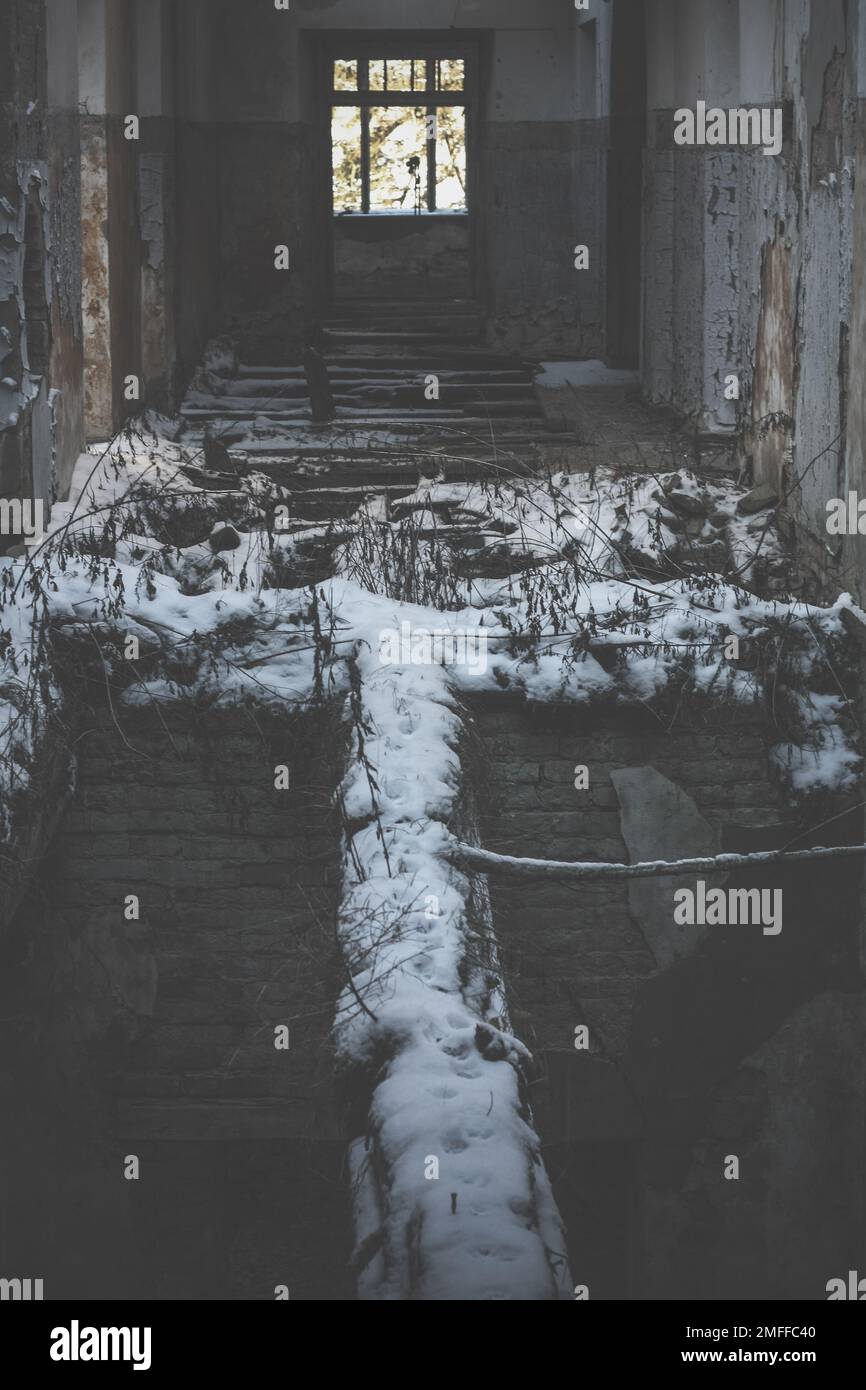 Primo piano abbandonato corridoio casa con distrutto neve pavimento in legno concept foto Foto Stock