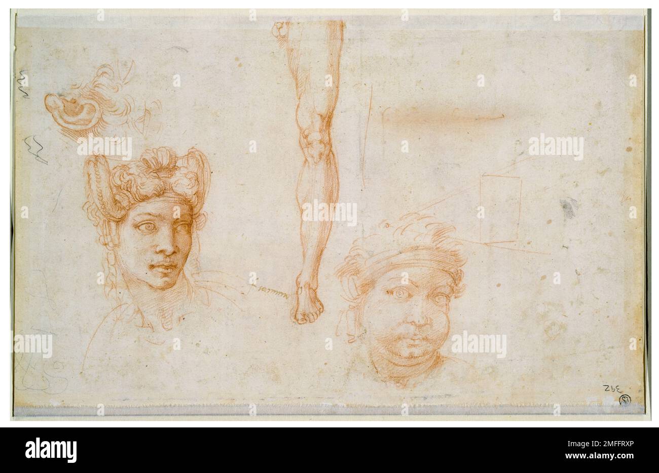 Michelangelo Buonarroti e laboratorio, orecchio e due occhi, testa della donna con capelli intrecciati, Studio delle gambe, testa con bendaggio, disegno in gesso rosso su carta costinata, circa 1525 Foto Stock