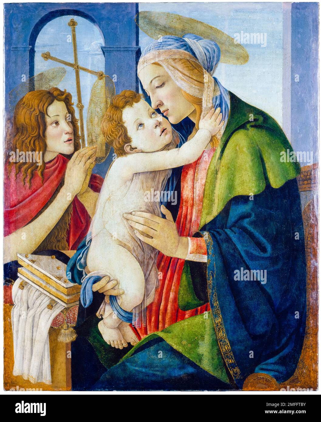 Sandro Botticelli e bottega, Madonna col Bambino con il neonato San Giovanni Battista, pittura in legno trasferita a listellari, 1490-1500 Foto Stock