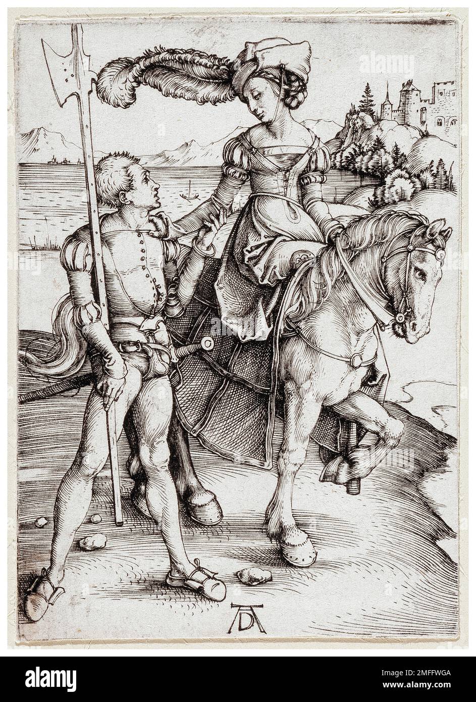 Albrecht Durer, la damsel su Horseback e il Landsknecht, incisione in copperplate, circa 1497 Foto Stock