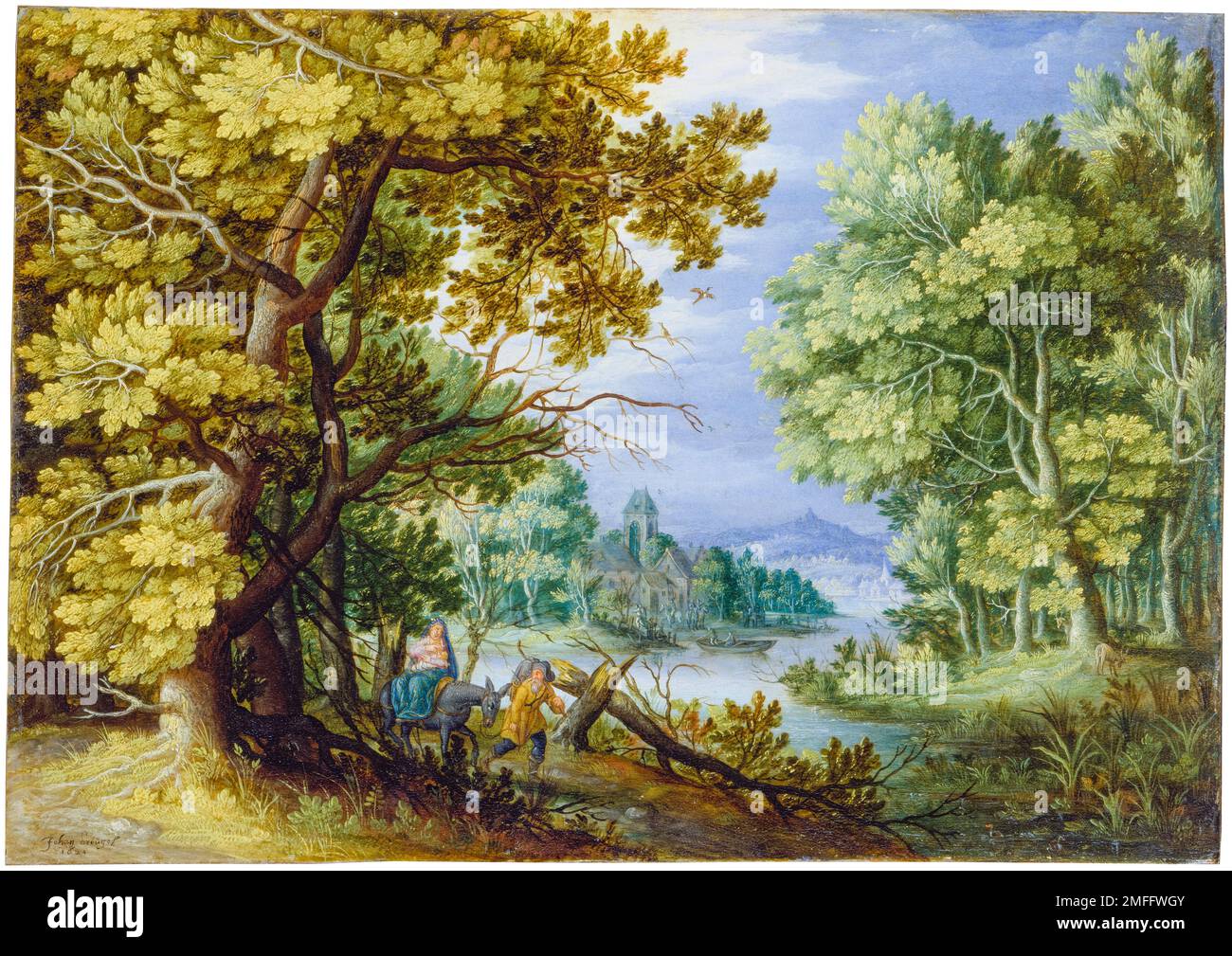 Jan Brueghel il giovane, Paesaggio forestale con il volo in Egitto, pittura in olio su rame, 1620-1650 Foto Stock
