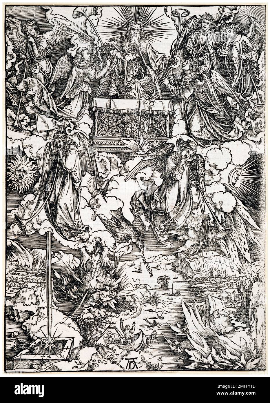 Albrecht Durer, l'Apocalisse: I sette angeli tromba, stampa in legno, 1496-1497 Foto Stock