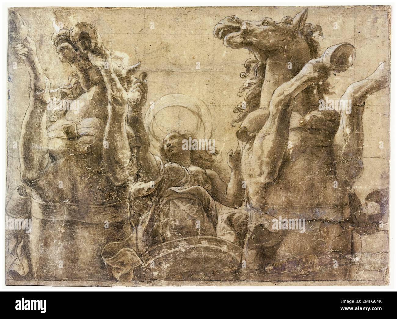 Giulio Romano (Giulio Pippi), la Dea Romana Luna nel suo Cariota, disegnando in penna e inchiostro con gesso, pennello e lavaggio, prima del 1546 Foto Stock